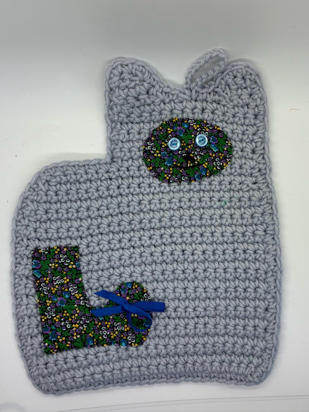 VINTAGE CROCHET CAT POT HOLDER , GRAY/ PATCHWORK
